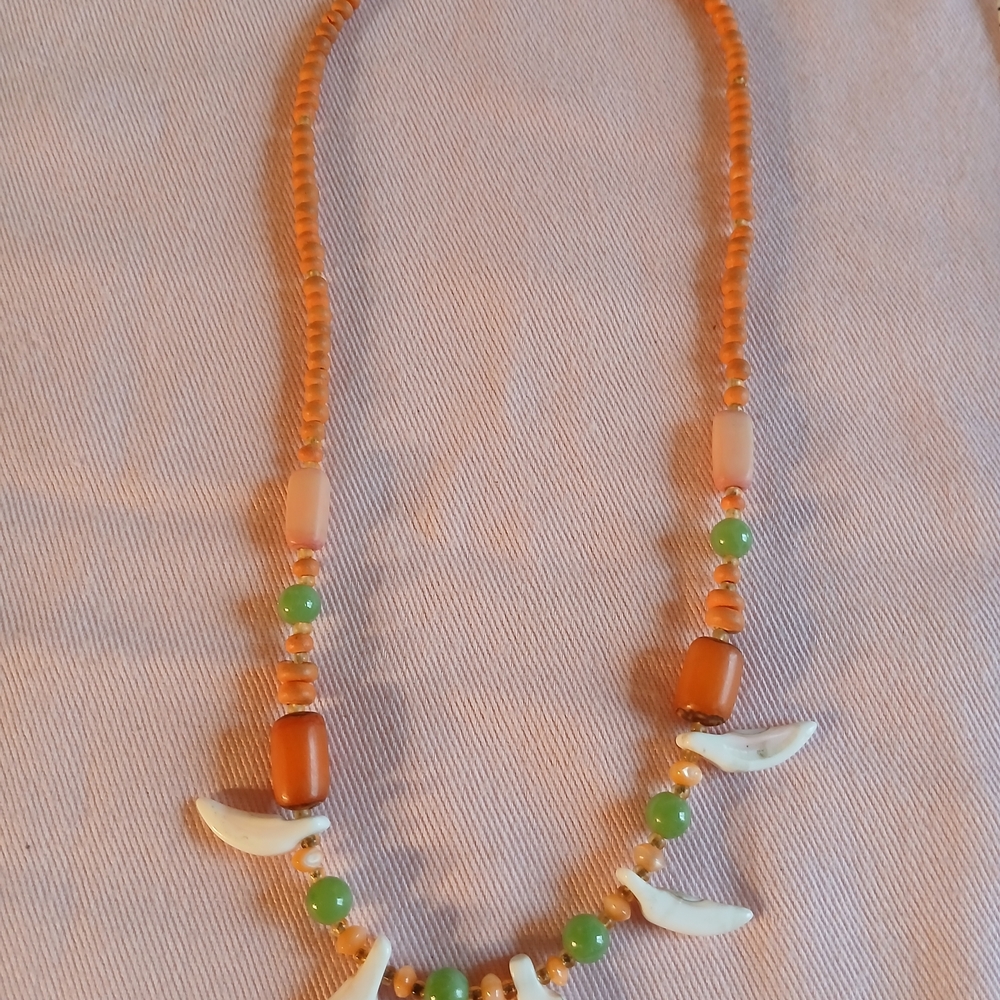 Vintage Orange And Green Beaded Bone Necklace